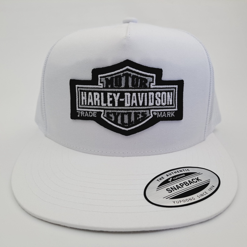 Harley White Flat Bill Snapback Baseball Cap Hat Embroidered Patch